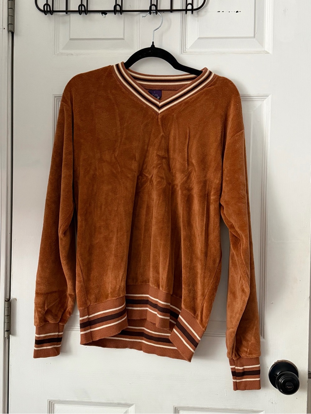 Esprit My Camp Velour Varsity Pullover L Brown Made USA Retro V Neck
